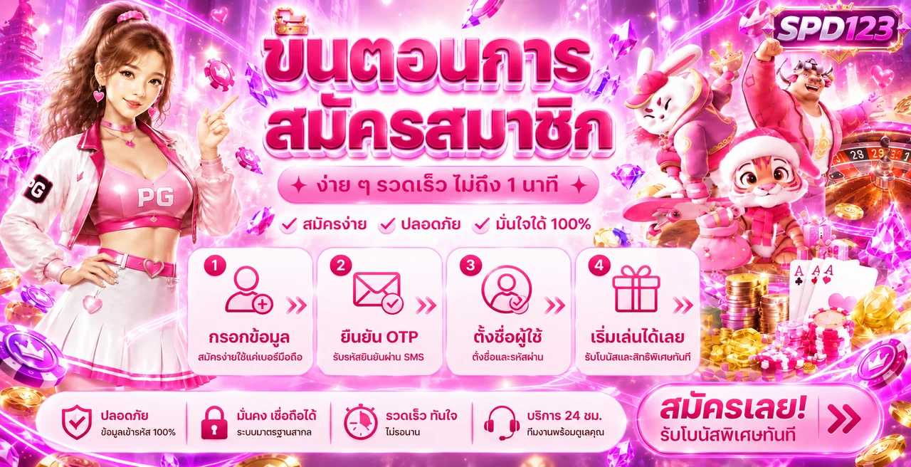 ขั้นตอนสมัครสมาชิก SPD123 พร้อมตัวละครเกมโทนชมพูม่วง